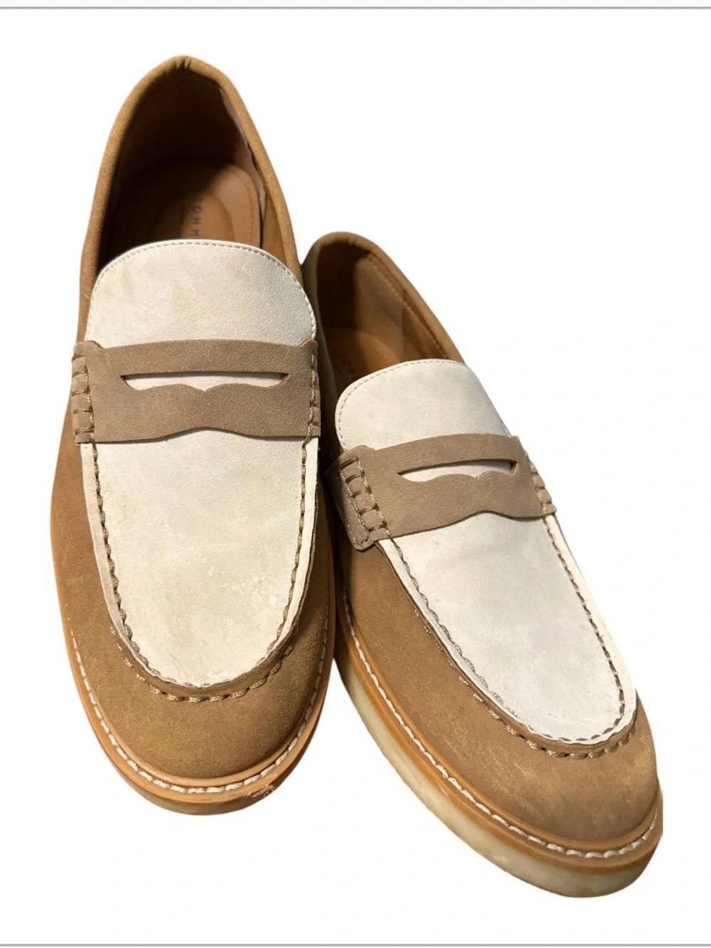 Tommy Hilfiger Sector Two-Tone Suede Penny Loafers - Tan & Cream Sz 9.5